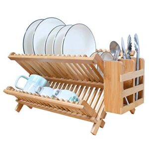 genovese bamboo dish drying rack with utensil flatware holder, 2-tier folding and compact drainer kitchen(1 utensil holder) 18 slots