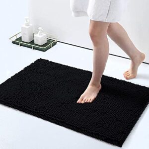 smiry luxury chenille bath rug, extra soft and absorbent shaggy bathroom mat rugs, machine washable, non-slip plush carpet runner for tub, shower, and bath room(16”x24”, black)