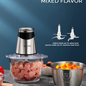 Syvio Food Processors with 2 Bowls, Meat Grinder 4 Bi-Level Blades, Mini Electric Food Chopper 400W, for Baby Food, Meat, Onion, Vegetables, 2 Speed, 8 Cup and 5 Cup