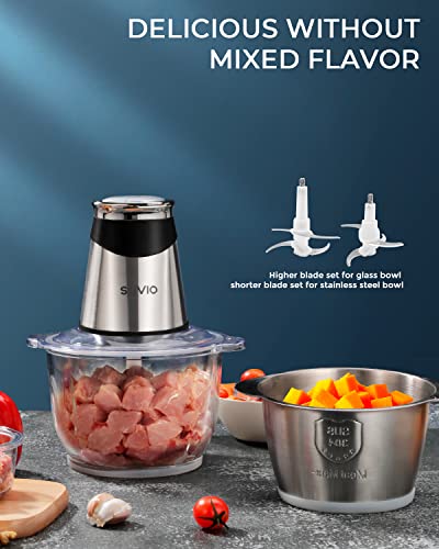 Syvio Food Processors with 2 Bowls, Meat Grinder 4 Bi-Level Blades, Mini Electric Food Chopper 400W, for Baby Food, Meat, Onion, Vegetables, 2 Speed, 8 Cup and 5 Cup