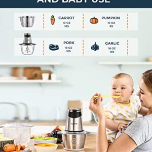 Syvio Food Processors with 2 Bowls, Meat Grinder 4 Bi-Level Blades, Mini Electric Food Chopper 400W, for Baby Food, Meat, Onion, Vegetables, 2 Speed, 8 Cup and 5 Cup