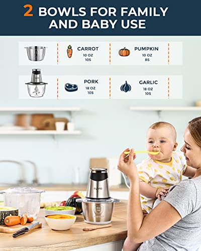 Syvio Food Processors with 2 Bowls, Meat Grinder 4 Bi-Level Blades, Mini Electric Food Chopper 400W, for Baby Food, Meat, Onion, Vegetables, 2 Speed, 8 Cup and 5 Cup