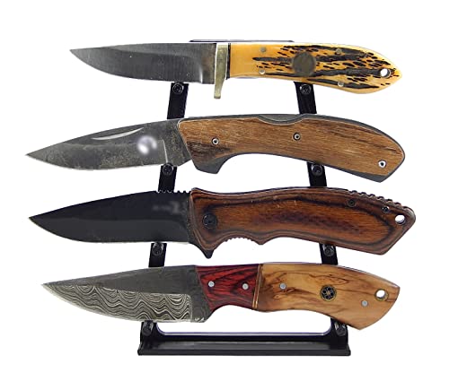 Black Knife Display Stand Rack Holder Organizer For 4 Medium To Large Pocket Or Fixed Blade Knives - Holds Four Blades - Wall Mount Or Sit On Flat Surface