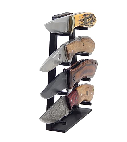 Black Knife Display Stand Rack Holder Organizer For 4 Medium To Large Pocket Or Fixed Blade Knives - Holds Four Blades - Wall Mount Or Sit On Flat Surface