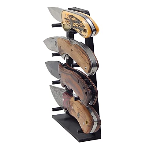 Black Knife Display Stand Rack Holder Organizer For 4 Medium To Large Pocket Or Fixed Blade Knives - Holds Four Blades - Wall Mount Or Sit On Flat Surface