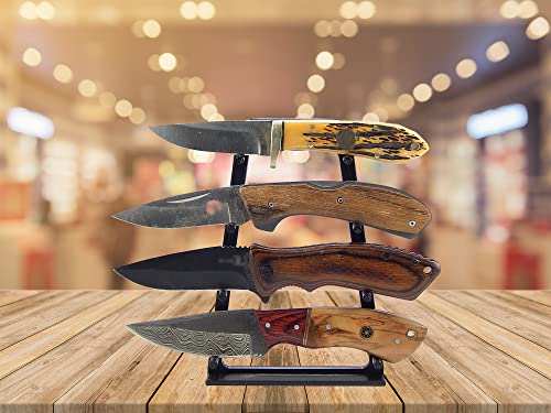 Black Knife Display Stand Rack Holder Organizer For 4 Medium To Large Pocket Or Fixed Blade Knives - Holds Four Blades - Wall Mount Or Sit On Flat Surface