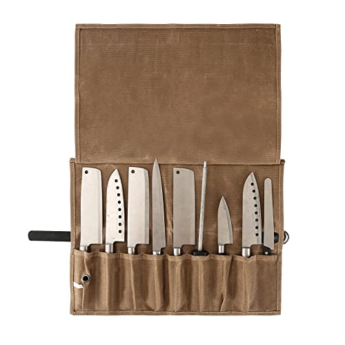 Chef’s Knife Roll Case with 9 Slots,Waxed Canvas Chef Knife Bag, Portable Travel Chef Knife Case with Leather Belt,Knives Holders Protectors,Knife Roll Bags for Chefs Culinary Camping BBQ. (Brown)