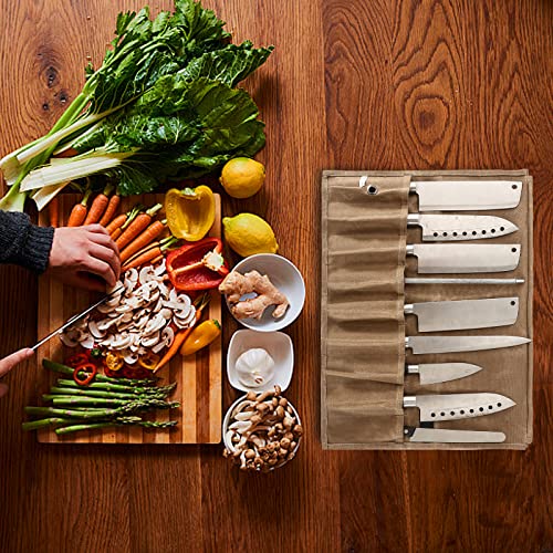 Chef’s Knife Roll Case with 9 Slots,Waxed Canvas Chef Knife Bag, Portable Travel Chef Knife Case with Leather Belt,Knives Holders Protectors,Knife Roll Bags for Chefs Culinary Camping BBQ. (Brown)