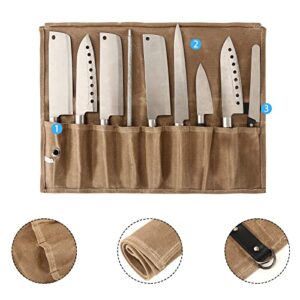 Chef’s Knife Roll Case with 9 Slots,Waxed Canvas Chef Knife Bag, Portable Travel Chef Knife Case with Leather Belt,Knives Holders Protectors,Knife Roll Bags for Chefs Culinary Camping BBQ. (Brown)