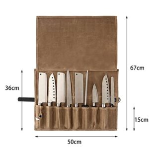 Chef’s Knife Roll Case with 9 Slots,Waxed Canvas Chef Knife Bag, Portable Travel Chef Knife Case with Leather Belt,Knives Holders Protectors,Knife Roll Bags for Chefs Culinary Camping BBQ. (Brown)