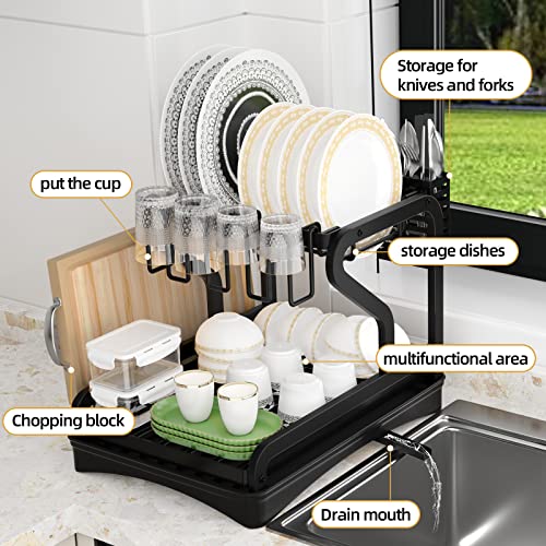 Dish Drying Rack for Kitchen Counter Over The Sink, Larger 2-Tier Dish Drying Rack Drainboard Set with Double-Layer Bowl Rack, Cup Rack, Drain Board, Sticky Board Rack, Cutlery Rack.