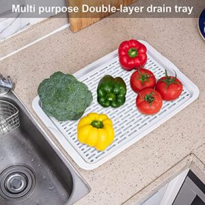 Tableware Drying Tray,Plastic drying dish, 16.2"×11"white，Draining plate，Double Layer Drain Tray, Drying dish,Dish Drying tray.Drain tray for tableware,cups,fruits,vegetables and condiments