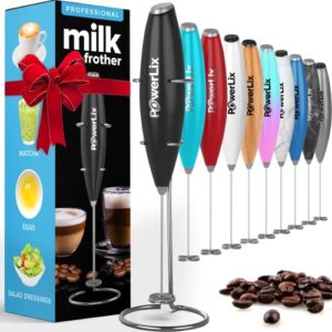 powerlix milk frother handheld battery operated electric whisk beater foam maker for coffee, latte, cappuccino, hot chocolate, durable mini drink mixer with stainless steel stand included (black)