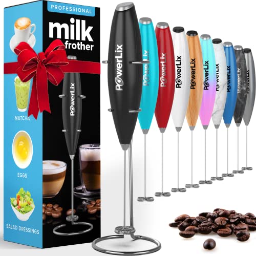 PowerLix Milk Frother Handheld Battery Operated Electric Whisk Beater Foam Maker For Coffee, Latte, Cappuccino, Hot Chocolate, Durable Mini Drink Mixer With Stainless Steel Stand Included (Black)