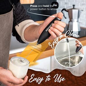 PowerLix Milk Frother Handheld Battery Operated Electric Whisk Beater Foam Maker For Coffee, Latte, Cappuccino, Hot Chocolate, Durable Mini Drink Mixer With Stainless Steel Stand Included (Black)