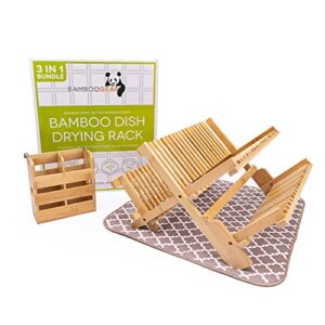 all-in-1 bamboo dish drying rack set with utensil holder and microfiber drying mat large collapsible 3 tier wooden dish drying rack bamboo utensil drying rack and 15″ dish drying mat.
