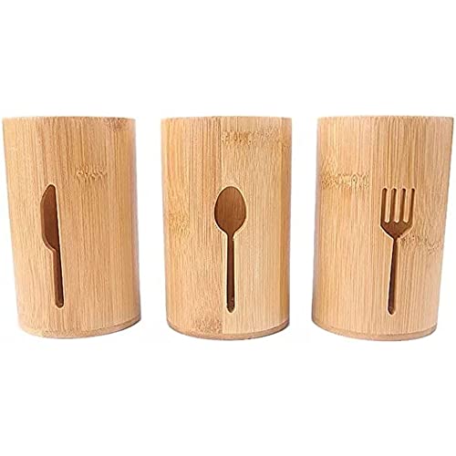 Better World Bio Bamboo Utensil Holders (Bundle of Three) with Flatware Design, Wooden Kitchen Utensil Holder For Countertop, Kitchen Utensil Caddy, Silverware Organizer, 6"x4"x4"