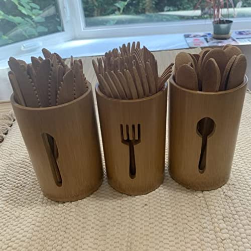 Better World Bio Bamboo Utensil Holders (Bundle of Three) with Flatware Design, Wooden Kitchen Utensil Holder For Countertop, Kitchen Utensil Caddy, Silverware Organizer, 6"x4"x4"