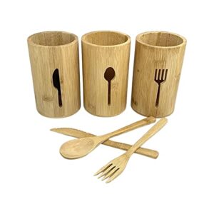 Better World Bio Bamboo Utensil Holders (Bundle of Three) with Flatware Design, Wooden Kitchen Utensil Holder For Countertop, Kitchen Utensil Caddy, Silverware Organizer, 6"x4"x4"