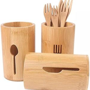 Better World Bio Bamboo Utensil Holders (Bundle of Three) with Flatware Design, Wooden Kitchen Utensil Holder For Countertop, Kitchen Utensil Caddy, Silverware Organizer, 6"x4"x4"