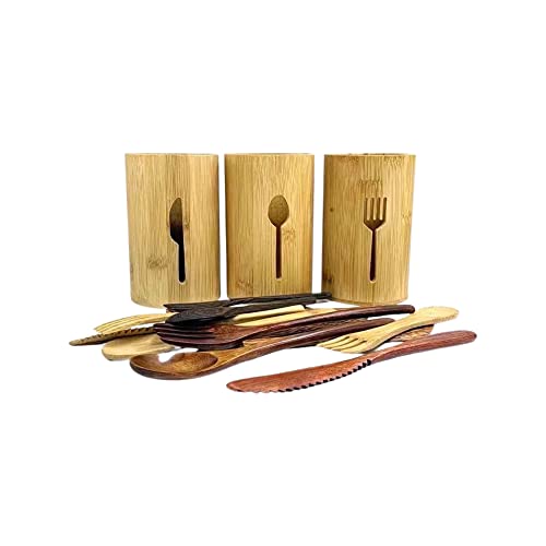 Better World Bio Bamboo Utensil Holders (Bundle of Three) with Flatware Design, Wooden Kitchen Utensil Holder For Countertop, Kitchen Utensil Caddy, Silverware Organizer, 6"x4"x4"