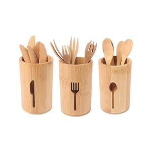 Better World Bio Bamboo Utensil Holders (Bundle of Three) with Flatware Design, Wooden Kitchen Utensil Holder For Countertop, Kitchen Utensil Caddy, Silverware Organizer, 6"x4"x4"