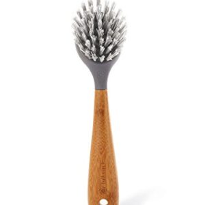 Full Circle Tenacious C Cast Iron Brush and Scraper with Bamboo Handle – Skillet Scrubber with Tough Nylon Bristles, Grey, One Size, Gray