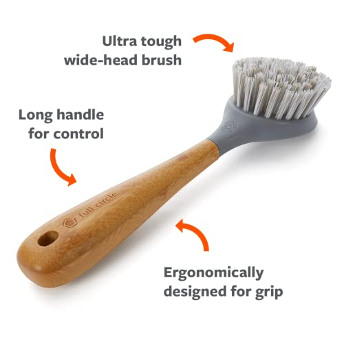 Full Circle Tenacious C Cast Iron Brush and Scraper with Bamboo Handle – Skillet Scrubber with Tough Nylon Bristles, Grey, One Size, Gray