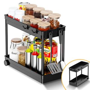 2- tier shelf under sink organizer, roll out under sink storage with 4 hooks & 4 anti-slip pads, easy to assemble, suitable for kitchen, bathroom and laundry (1 pack, black)