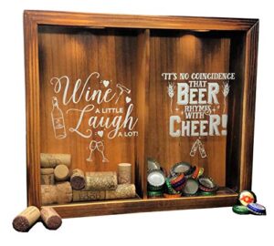 wine cork & beer cap holder shadow box, wall mounted or free standing, wine & bar decor for him & her, rustic stained wood, 11″ x 13″