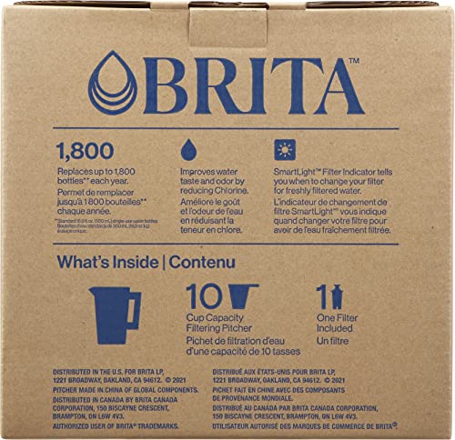 Brita Large Water Filter Pitcher for Tap and Drinking Water with SmartLight Filter Change Indicator + 1 Standard Filter, Lasts 2 Months, 10-Cup Capacity, Black