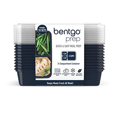 Bentgo Prep 3-Compartment Meal-Prep Containers with Custom-Fit Lids - Microwaveable, Durable, Reusable, BPA-Free, Freezer and Dishwasher Safe Food Storage Containers - 10 Trays & 10 Lids (Navy Blue)