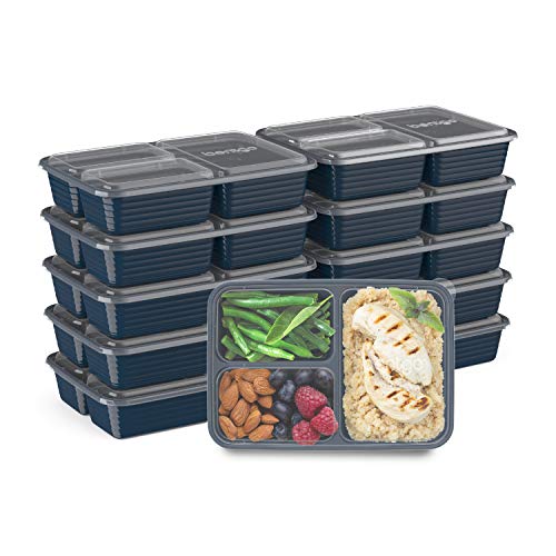 Bentgo Prep 3-Compartment Meal-Prep Containers with Custom-Fit Lids - Microwaveable, Durable, Reusable, BPA-Free, Freezer and Dishwasher Safe Food Storage Containers - 10 Trays & 10 Lids (Navy Blue)