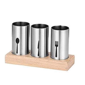 feawus small silverware holder flatware caddy countertop utensil holder caddy stainless steel with wood base for parties