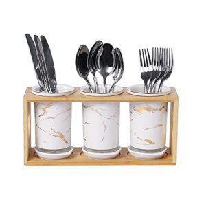 luodi golden marbling set of 3 with wooden,silverware caddy holder for spoons knives and forks,kitchen utensil flatware organizer (white)