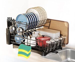 raylove large dish drying rack for kitchen counter, 2 tier dish drying rack with drainboard, utensil holder and detachable dish drainer organizer shelf (black)