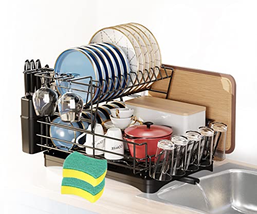 RayLove Large Dish Drying Rack for Kitchen Counter, 2 Tier Dish Drying Rack with Drainboard, Utensil Holder and Detachable Dish Drainer Organizer Shelf (Black)