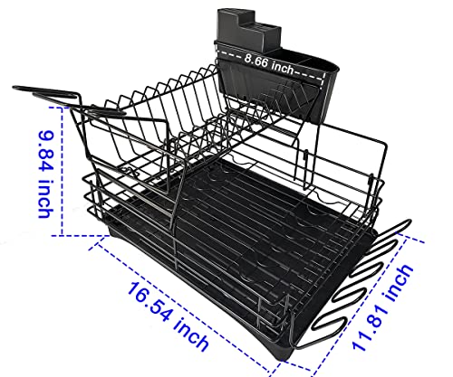 RayLove Large Dish Drying Rack for Kitchen Counter, 2 Tier Dish Drying Rack with Drainboard, Utensil Holder and Detachable Dish Drainer Organizer Shelf (Black)