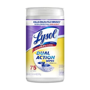 lysol dual action disinfectant wipes, multi-surface antibacterial scrubbing wipes, for disinfecting and cleaning, citrus scent, 75ct