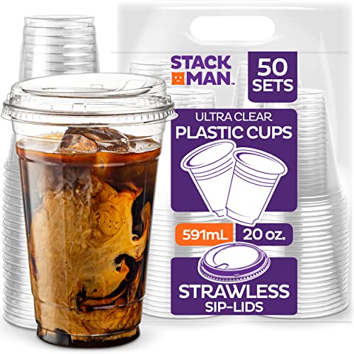 20 oz. Clear Cups with Strawless Sip-Lids, [50 Sets] PET Crystal Clear Disposable 20oz Plastic Cups with Lids