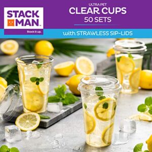 20 oz. Clear Cups with Strawless Sip-Lids, [50 Sets] PET Crystal Clear Disposable 20oz Plastic Cups with Lids