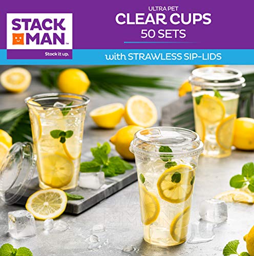 20 oz. Clear Cups with Strawless Sip-Lids, [50 Sets] PET Crystal Clear Disposable 20oz Plastic Cups with Lids