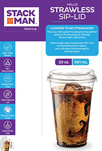 20 oz. Clear Cups with Strawless Sip-Lids, [50 Sets] PET Crystal Clear Disposable 20oz Plastic Cups with Lids