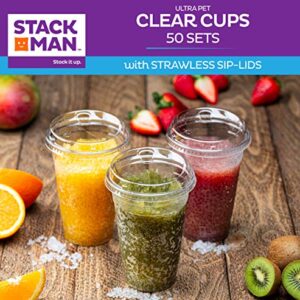 20 oz. Clear Cups with Strawless Sip-Lids, [50 Sets] PET Crystal Clear Disposable 20oz Plastic Cups with Lids