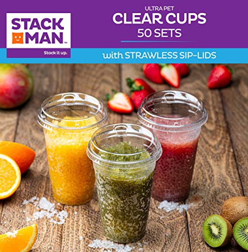 20 oz. Clear Cups with Strawless Sip-Lids, [50 Sets] PET Crystal Clear Disposable 20oz Plastic Cups with Lids