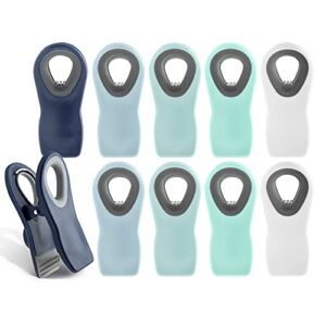 cook with color 10 pc bag clips with magnet- food clips, chip clips, bag clips for food storage with air tight seal grip, snack bags and food bags (blue ombre, shades of blue, green and white)