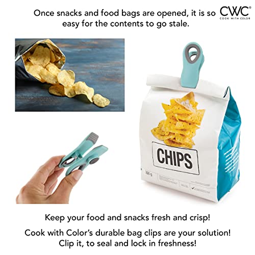 COOK WITH COLOR 10 Pc Bag Clips with Magnet- Food Clips, Chip Clips, Bag Clips for Food Storage with Air Tight Seal Grip, Snack Bags and Food Bags (Blue Ombre, Shades of Blue, Green and White)