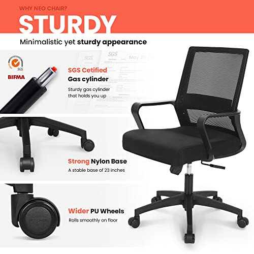 neo chair Office Swivel Desk Ergonomic mesh Adjustable Lumbar Support Computer Task Back armrest Home Rolling Women Adults Men Chairs Height Comfortable Gaming Guest Reception (Black)