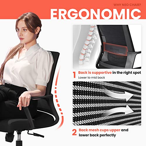 neo chair Office Swivel Desk Ergonomic mesh Adjustable Lumbar Support Computer Task Back armrest Home Rolling Women Adults Men Chairs Height Comfortable Gaming Guest Reception (Black)