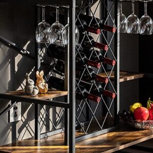 WAYTRIM Freestanding 5-Tier Wine Bakers Rack, Vintage Wine Shelf, Wine Storage Organizer Display Stand with Stemware Holder, Glass Holder & Storage Hooks - Vintage Brown